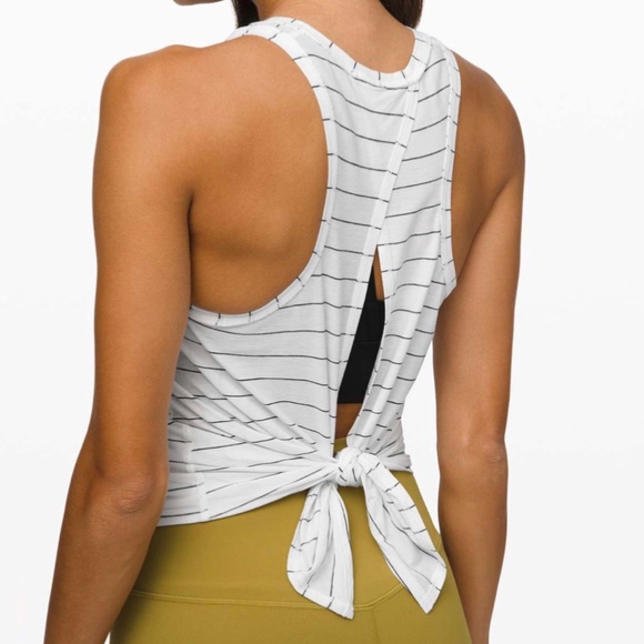 Lululemon white black stripe all tied up tank top loose open back tie up closed - Picture 3 of 6